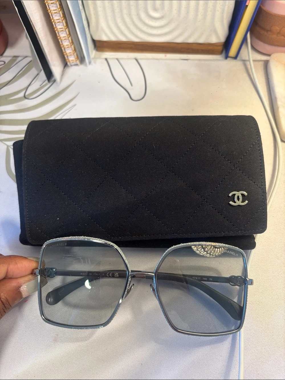 AUTHENTIC CHANEL Metal Oversized Square Sunglasses with Gray-Blue Lenses